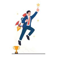 A businessman with a jetpack launches toward a shining star, symbolizing rapid career progress and high ambition. vector