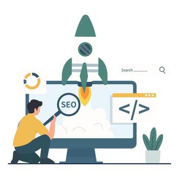 un persona analizando seo datos con un cohete lanzamiento desde un pantalla, representando digital márketing y web crecimiento. vector