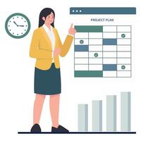 A businesswoman stands beside a project plan board and points to the schedule, representing project management and timeline organization. vector