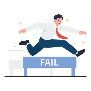 A confident man leaps over a hurdle labeled FAIL , symbolizing resilience and persistence. vector