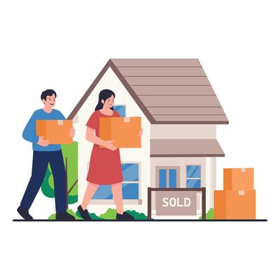 A couple carries boxes into their newly purchased house, ready to move in.