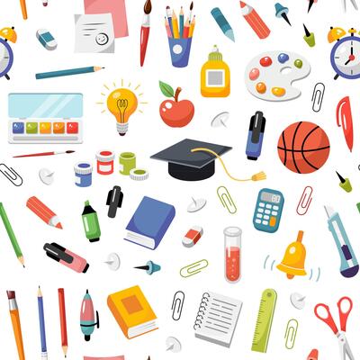 Back to school seamless pattern. Back to school concept. Cartoon illustration. School elements texture. Study textile design