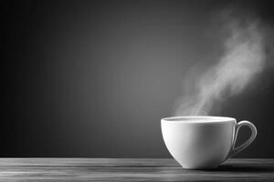 Steaming Hot Coffee Cup on Wooden Table in Black and White Setting photo