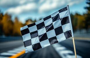 Checkered Flag Signaling the End of the Race on an Autumn Day at the Racetrack. photo