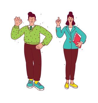 Full-length illustration of a young man and a girl. . Retro-style characters. Flat style. Materials for character development and design projects. The mascots. vector