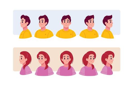 Illustration of the head, portraits and faces of a young man and a girl. . Character emotions for animation. Flat style. Materials for character development and design projects. vector