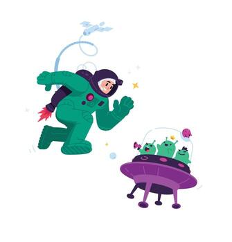 Illustration of an astronaut in space with aliens. An astronaut met a ufo. Flat style. Characters for animation. An image for design projects and websites. vector