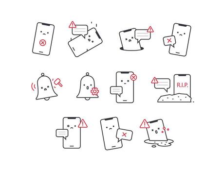 Icons for phones, bells, and notifications. . Linear style. A set of icons for design projects. Lively and cute characters vector