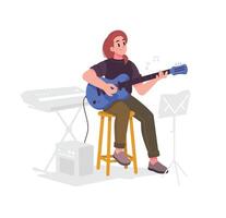 Illustration of a brown-haired girl with a blue electric guitar against a background of musical instruments, sitting on a chair. . Flat style. The character is a mascot for the website . vector