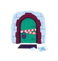 Illustration of a closed door in a lock. The massive door is locked, the forbidden tapes. The entrance is closed, there is no passage. Flat style. An image for design projects and websites. vector