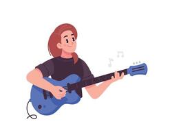 Illustration of a brown-haired girl with a blue electric guitar. . Flat style. The character is a mascot for the website of a musical instrument store and design projects. vector