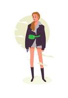 Illustration of a fashionable girl in a bomber jacket with a waist bag. . Fashionable bow and outfit. Flat style. The character is a mascot for the vector