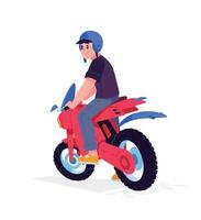 Illustration of a young motorcyclist on a red enduro motorcycle. A biker wearing a helmet sits on a motorcycle. . An image for design projects and websites. vector