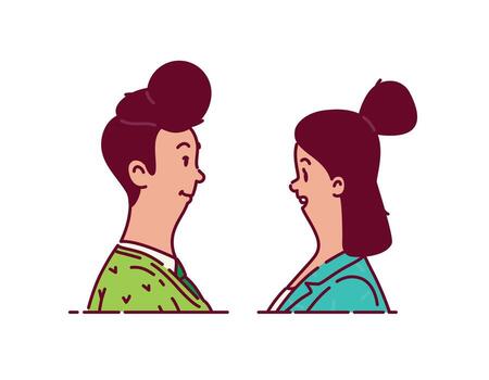 Illustration of the head, portraits. A young man and a girl. . Retro-style profile characters. Flat style. Materials for character development and design projects. vector