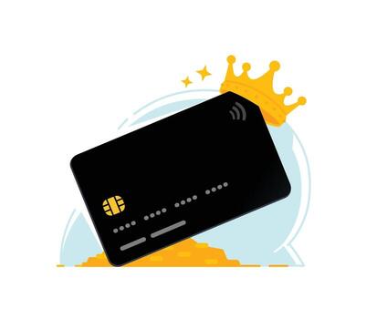Illustration of a bank credit or debit card with a crown. . A bank card with a bunch of coins. Flat style. An image for a website and design projects. vector