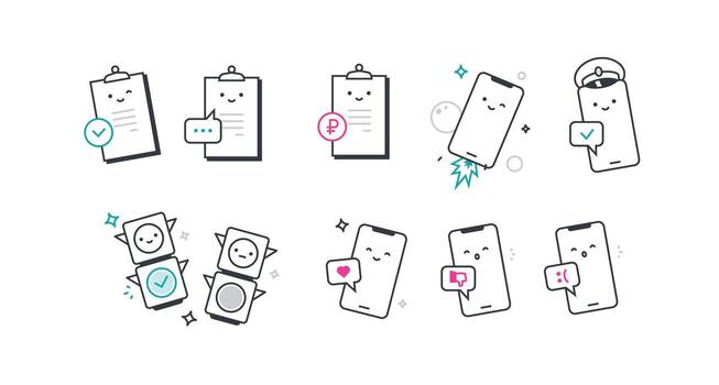 Icons for phones, traffic lights, and sheets of paper. . Linear style. A set of icons for design projects. Lively and cute characters with human faces. vector