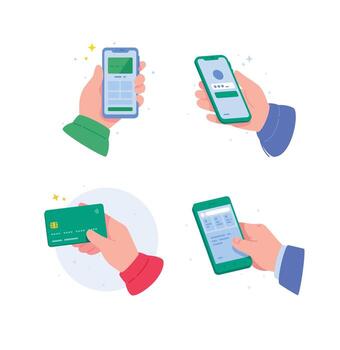 Illustration of a hand with a smartphone. The customer makes purchases online, paying with a bank card. Internet technologies. An image for design projects and websites. vector