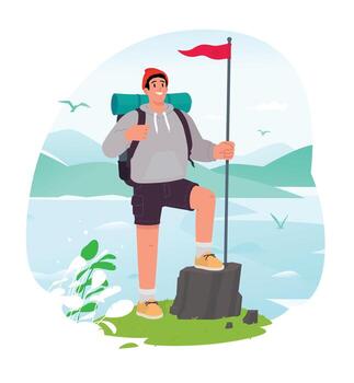 Illustration of a young tourist, traveler and tracker. . Flat style. Illustration for for design projects. A character with a backpack and a flag on the background of a lake. vector