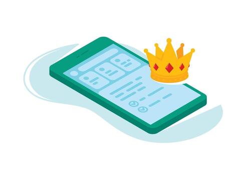 Illustration of a smartphone with a golden crown. . A green phone with a symbol of power. Interface. Flat style. An image for an online store and design projects. vector