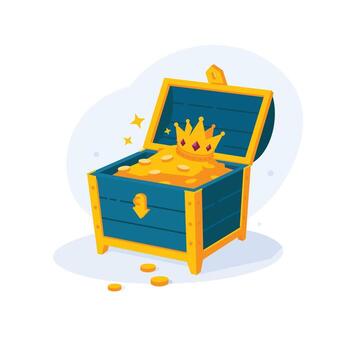 Illustration of a chest with coins and a crown. . A symbol of wealth and power. Background for design projects. vector