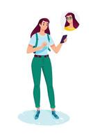 Illustration of a fashionable girl in green pants with a mobile phone in her hand. . A pretty slender woman. Flat style. The character is a mascot for the website and design projects. vector