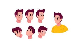Illustration of the head, portraits and faces of a young man. . The emotions of a cute guy in a yellow t-shirt. Flat style. Materials for character development and design projects. vector
