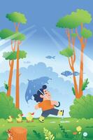 Illustration of a boy with an umbrella walking through the woods with ducks. Children's illustration. A picture for a children's book. vector