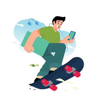 Illustration of a young man on a skateboard with a smartphone and a bank card. . The buzzer generation. Flat style. The character is a mascot for design projects and websites. vector