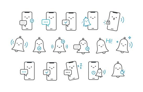 Icons for phones, bells, and notifications. . Linear style. A set of icons for design projects. Lively and cute characters with human faces. vector