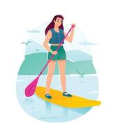 Illustration of a young girl on a boat with an oar. . Flat style. Illustration for for design projects. The character is floating on the sea or lake. vector