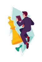 Illustration of a businessman with a tablet, among chess pieces. A metaphor for business strategies, achieving a goal. . An image for design projects and websites. vector