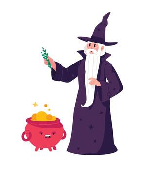 Illustration of a sorcerer, magician, and magician in a robe and hat by a boiling cauldron. The druid is brewing a magic potion. Flat style. The character is a mascot for design projects and websites. vector