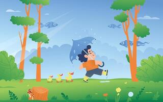Illustration of a boy with an umbrella walking through the woods with ducks. Children's illustration. vector