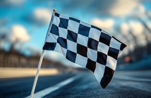 Checkered Flag Positioned at Racetrack Signaling End of Race During Afternoon Light photo