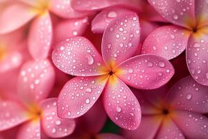 Pink Plumeria Flowers Glistening With Dewdrops in a Tropical Garden After the Rain photo