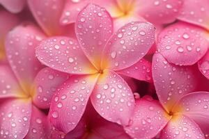 Pink Plumeria Flowers Glistening With Dewdrops in a Tropical Garden After the Rain. photo