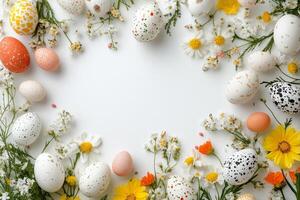 Colorful Speckled Eggs Arranged With Delicate Flowers for a Spring Celebration photo