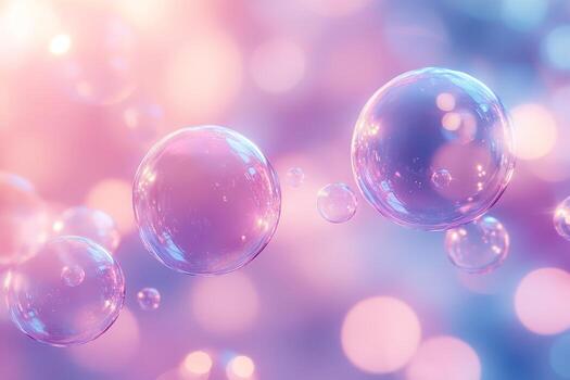 Colorful Soap Bubbles Floating in a Dreamy Pastel Background During a Sunny Day. photo