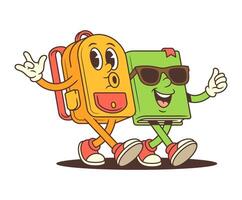 Backpack and Book Mascots Walking Side by Side with Arms Around Each Other in Happy Pose Illustration vector