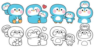 Coloring pages.No1.Set of cute mom penguin and baby in various poses.Mother day.Love.Arctic,polar,north pole.Bird animal character cartoon design.Painting book.Kawaii..Illustration. vector