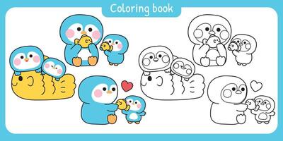 Coloring pages.No3.Set of cute mom penguin and baby in various poses with fish.Mother day.Love.Arctic,polar,north pole.Bird animal character cartoon design.Painting book.Kawaii. vector