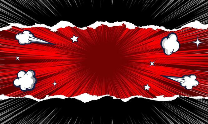 Pop art comic background with torn paper, red shine bright and dot halftone effect. Comic book cartoon speech bubble for text. Cartoon red burst background for text template.