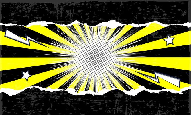 Pop art comic background with torn paper, yellow shine bright and dot halftone effect. Comic book cartoon speech bubble for text. Cartoon yellow burst background for text template.