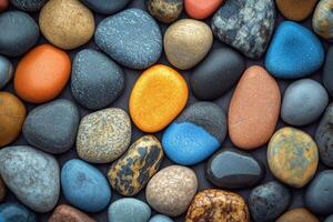 Varied Collection of Colorful Pebbles Arranged on a Surface at a Sunny Outdoor Location. photo