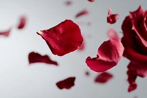 Delicate Red Rose Petals Scattering on a Light Surface With a Textured Backdrop photo
