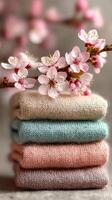 Colorful Stack of Knitted Accessories Beside Blooming Cherry Blossoms in a Soft Spring Setting photo