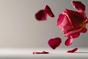Pink Rose With Falling Petals Capturing Beauty and Elegance in Soft Lighting. photo