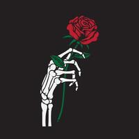 a skeleton hand holding a rose on a black background vector