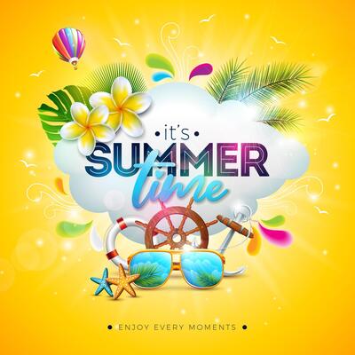Hello Summer Holiday Design with Flower, Cloud and Text Label on Sun Yellow Background. Tropical Vacation Illustration with Colorful Beach Elements, Air Balloon and Palm Leaves for Flyer