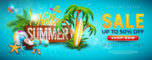 Summer sale with palm tree and beach items vector